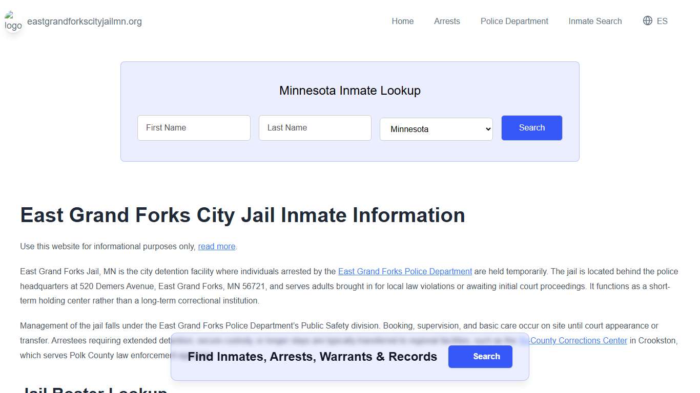 East Grand Forks Jail, MN Inmate Roster, Municipal Jail Info